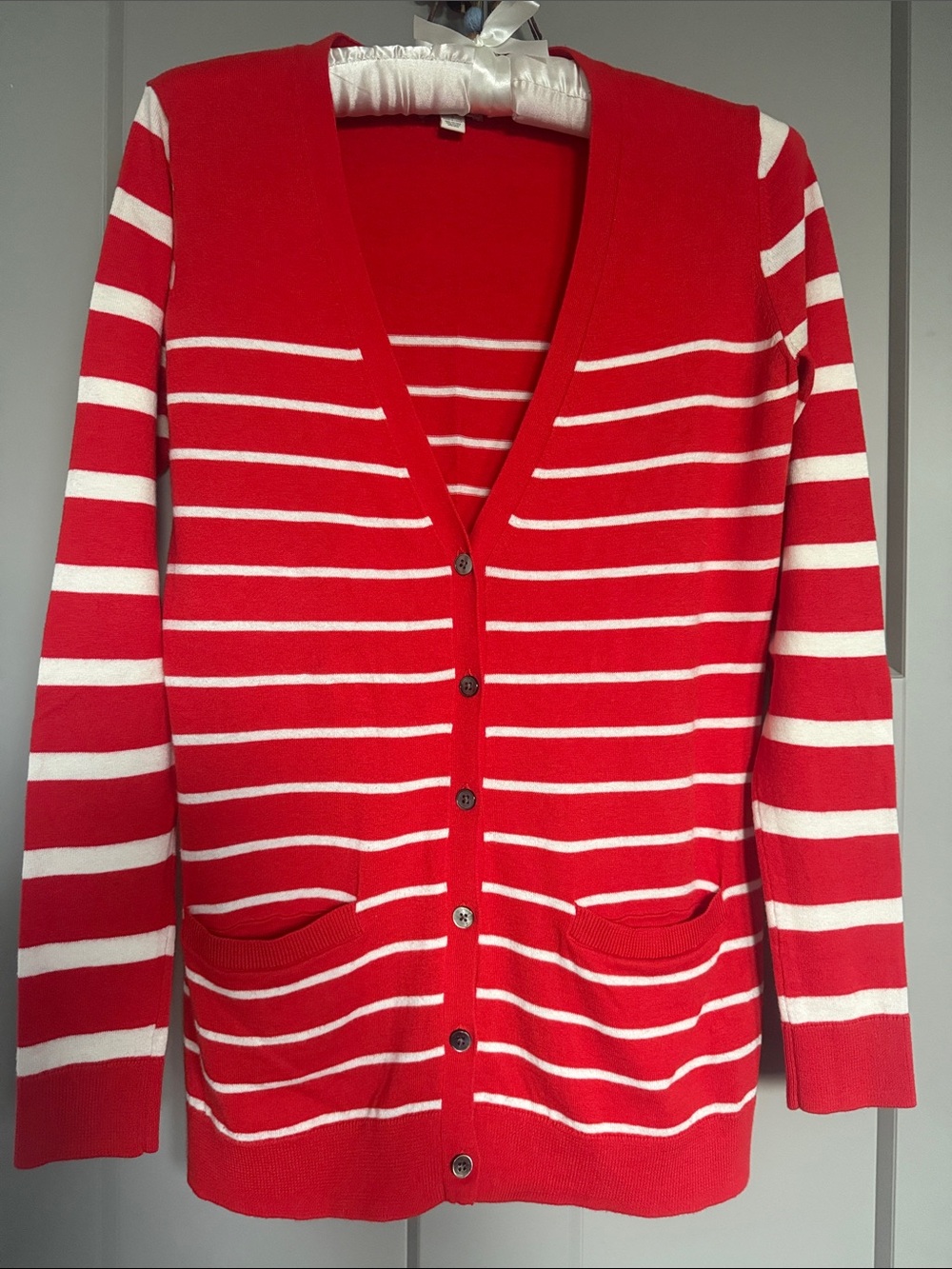 GAP Silk and Cotton Red and White Striped V-Neck Button Cardigan with Pockets
